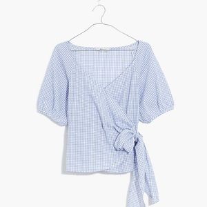 Madewell NWT Large Gingham Seersucker Puff-Sleeve Wrap Crop Top Blue White NEW